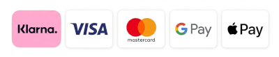 Lista med betalningsalternativ på Klädskolan - Klarna, Mastercard, VISA. Google Pay, Apple Pay.