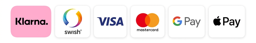 En lista med ikoner som visar alla sätt man kan betala via på Klädskolan - Swish, Klarna, Visa, MasterCard, Google Pay och Apple Pay.